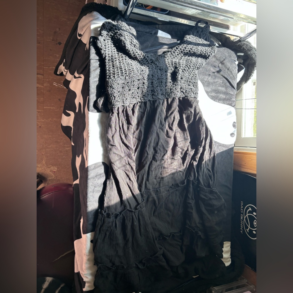 Hippie black dress with stitch design top boho flowy dress